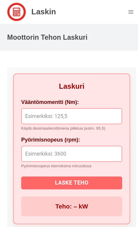 Moottorin Tehon Laskuri - Laskin